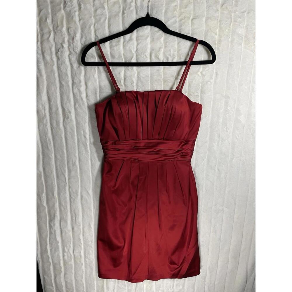WHBM red mini cocktail Removable Straps party dress satin pleated sleeveless 4